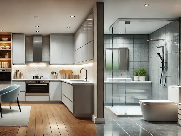 kitchen and bathrooms